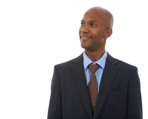 Black man, thinking of business ideas and career mindset with future and vision isolated on png transparent background. Male worker, inspiration and company goals, decision and solution with question