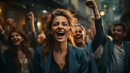 Successful business team, diverse, high energy, modern office, casual attire, teamwork and collaboration