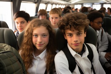 Obraz premium Student sitting on the seat looking at Confidence camera on the school bus
