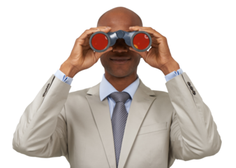 Business, black man and binocular, future and portrait isolated on a transparent png background. Telescope, professional face and person search, watch or spy, survey or monitor, vision or perspective