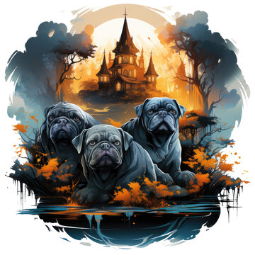 three pugs before gothic castle at sunset clip art preview