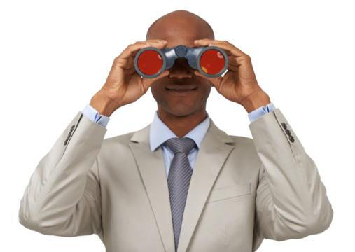 Business, black man and binocular, future and portrait isolated on a transparent png background. Telescope, professional face and person search, watch or spy, survey or monitor, vision or perspective