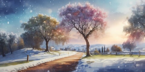 Winter Serenity: Southern France Landscape Watercolor Wallpaper