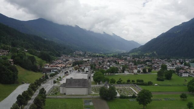 panoramic aerial view of the town of pinzolo in trentino