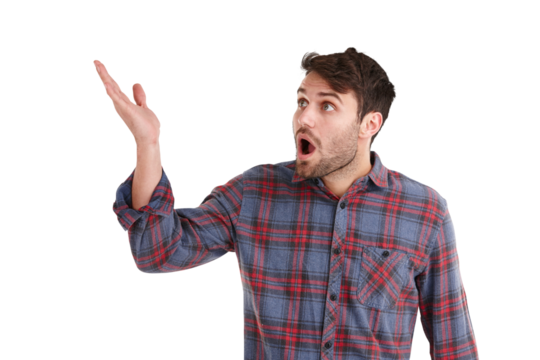 Wow, surprise and man with hand pointing, wtf or confused on isolated, transparent or png background. Why, face and male with omg gesture, emoji or choice, decision and asking reaction to fake news