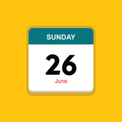june 26 sunday icon with yellow background, calender icon
