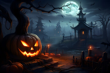 Halloween background with the dark night and evil pumpkins, Generative AI