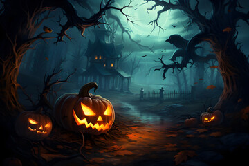 Fototapeta na wymiar Halloween background with haunted house in deep forest with evil pumpkins, Generative AI