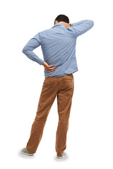 Back, neck pain and man with injury, emergency and isolated on a transparent png background. Spine...