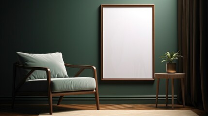 Mock up poster frame in dark green living room interior, ethnic style, 3d render