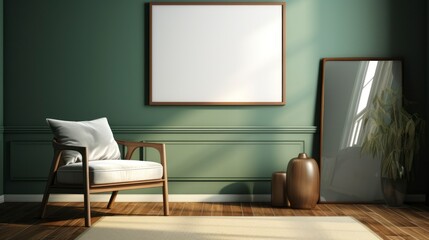 Mock up poster frame in dark green living room interior, ethnic style, 3d render