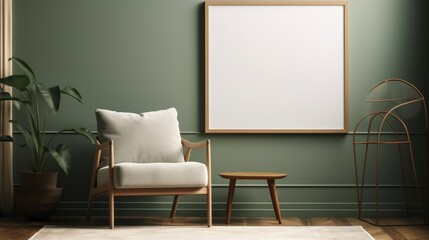 Mock up poster frame in dark green living room interior, ethnic style, 3d render