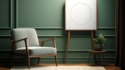 Mock up poster frame in dark green living room interior, ethnic style, 3d render