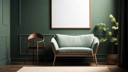 Mock up poster frame in dark green living room interior, ethnic style, 3d render