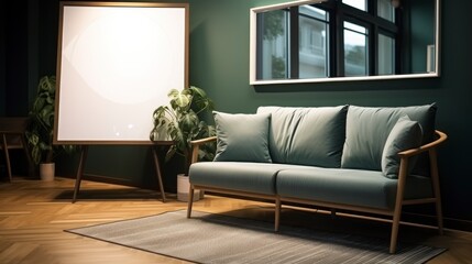 Mock up poster frame in dark green living room interior, ethnic style, 3d render