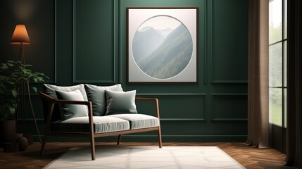 Mock up poster frame in dark green living room interior, ethnic style, 3d render