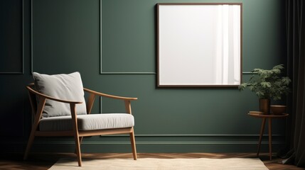 Mock up poster frame in dark green living room interior, ethnic style, 3d render