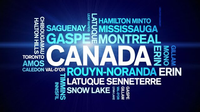 Canada animated tag word cloud;text design animation List of cities towns kinetic typography seamless loop.