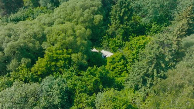 Drone view of an abandoned and abandoned building in the forest. Drone flight over a destroyed building in the forest.