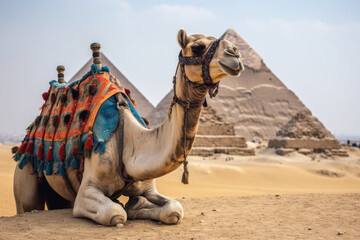 Camel sitting in front of the Pyramids