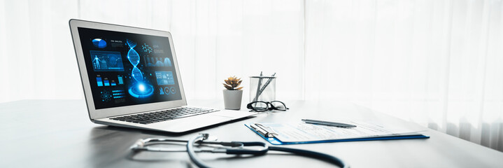 Genetic disease in DNA research on laptop screen in doctor office for medical treatment development...