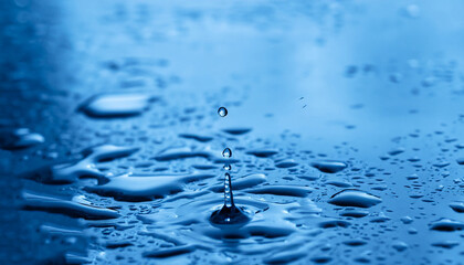 blue color tone of close up rain water drop falling to the floor in rainy season