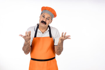 indian cook giving happy expression on white background.
