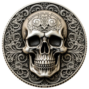 Vintage Gothic Skull Coin, Distressed Metal Illustration