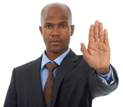 Stop, hand and business man portrait with warning, threat or limit control on isolated, transparent or png background. Protest, palm and male face with order emoji, sign language and compliance wait