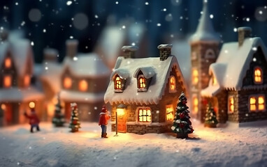 Holiday winter village and tree decorated xmas lights garland with defocused rural landscape on background with snow covered houses, pine forest and snowman.