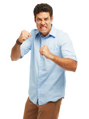 Portrait, fight and angry businessman with stress isolated on transparent png background in...