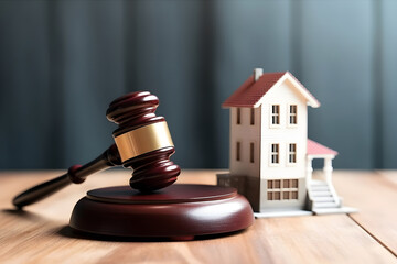 Law and Justice real estate house auction concept. Judge gavel on wooden table in front of a house model. - obrazy, fototapety, plakaty