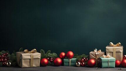 Merry Christmas banner with blank space for text, green background, giftboxes, fir tree branches, red and green ornaments 