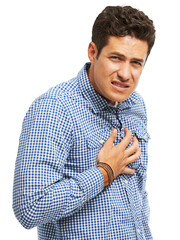 Man, chest pain and sick, asthma and injury with cardiovascular health isolated on png transparent...