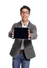 Portrait, tablet and nerd with an IT support man isolated on a transparent background for website...