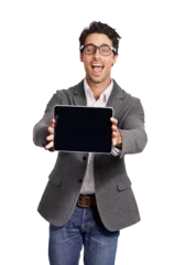 Fotobehang Portrait, tablet and nerd with an IT support man isolated on a transparent background for website promotion. Technology, research or programming with a happy male geek on PNG for software development © Shubham Mayur/peopleimages.com