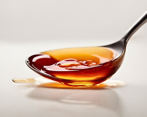 Close up of a spoon filled with a thick sticky cough syrup in white background, AI Generative