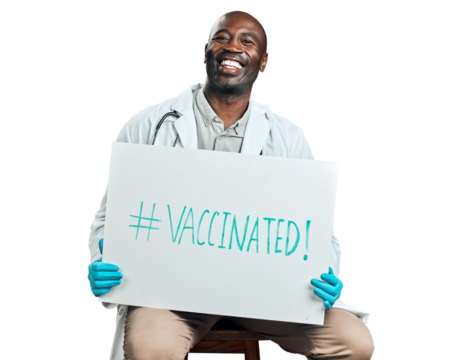 Portrait, doctor and black man with vaccine poster isolated on transparent png background. Medical professional, happy and immunization banner for covid, healthcare promotion and advertising wellness