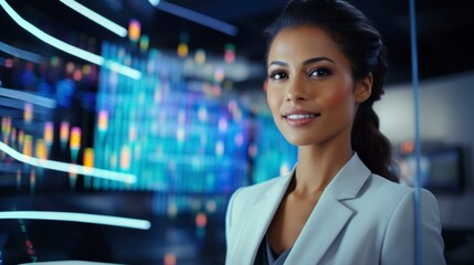 Elegant businesswoman using a futuristic holographic interface, technology, finance, vibrant colors