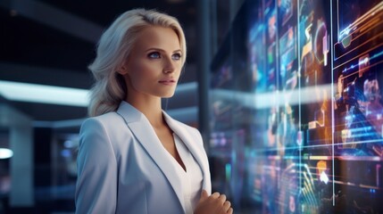Obraz premium Elegant businesswoman using a futuristic holographic interface, technology, finance, vibrant colors