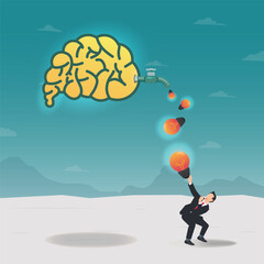 Businessman catches the light bulbs coming out from the brain faucet. Create ideas concept vector illustration
