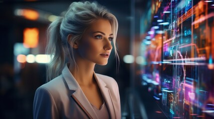 Naklejka premium Elegant businesswoman using a futuristic holographic interface, technology, finance, vibrant colors