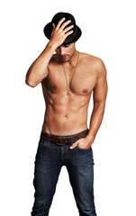 Six pack, hat or sexy topless man on isolated on transparent background for muscle, pride and beauty. Body health, fitness or cool shirtless male bodybuilder on png for workout, training or wellness - obrazy, fototapety, plakaty