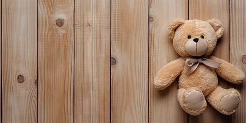 Vintage teddy bear on wooden wall background. Cute toy in retro modern setting. Lovely decoration