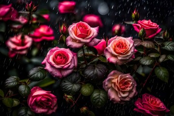 Fototapeta na wymiar As rain begins to fall, dark clouds gather ominously above a bed of exquisite rose flowers. The once vibrant petals now stand drenched, their colors muted and veiled by the relentless downpour. 