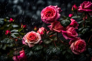 Fototapeta na wymiar As rain begins to fall, dark clouds gather ominously above a bed of exquisite rose flowers. The once vibrant petals now stand drenched, their colors muted and veiled by the relentless downpour. 