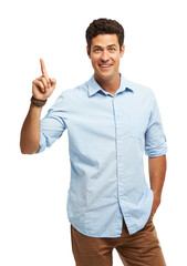 Man is pointing up, portrait and advertising presentation with news isolated on png transparent...