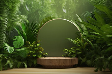 Circle wood pedestal in tropical forest for product presentation and green wall