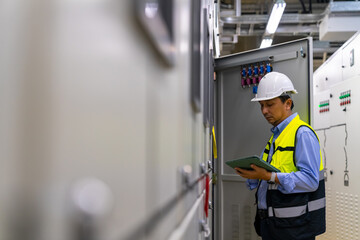 Professional Asian male engineer in safety uniform working at factory server electric control panel...