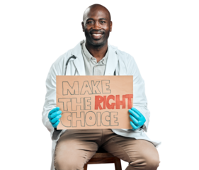 Portrait, doctor and black man, banner and vaccine isolated on a transparent png background. Happy, medical professional and immunization poster, healthcare choice or advertising wellness in hospital